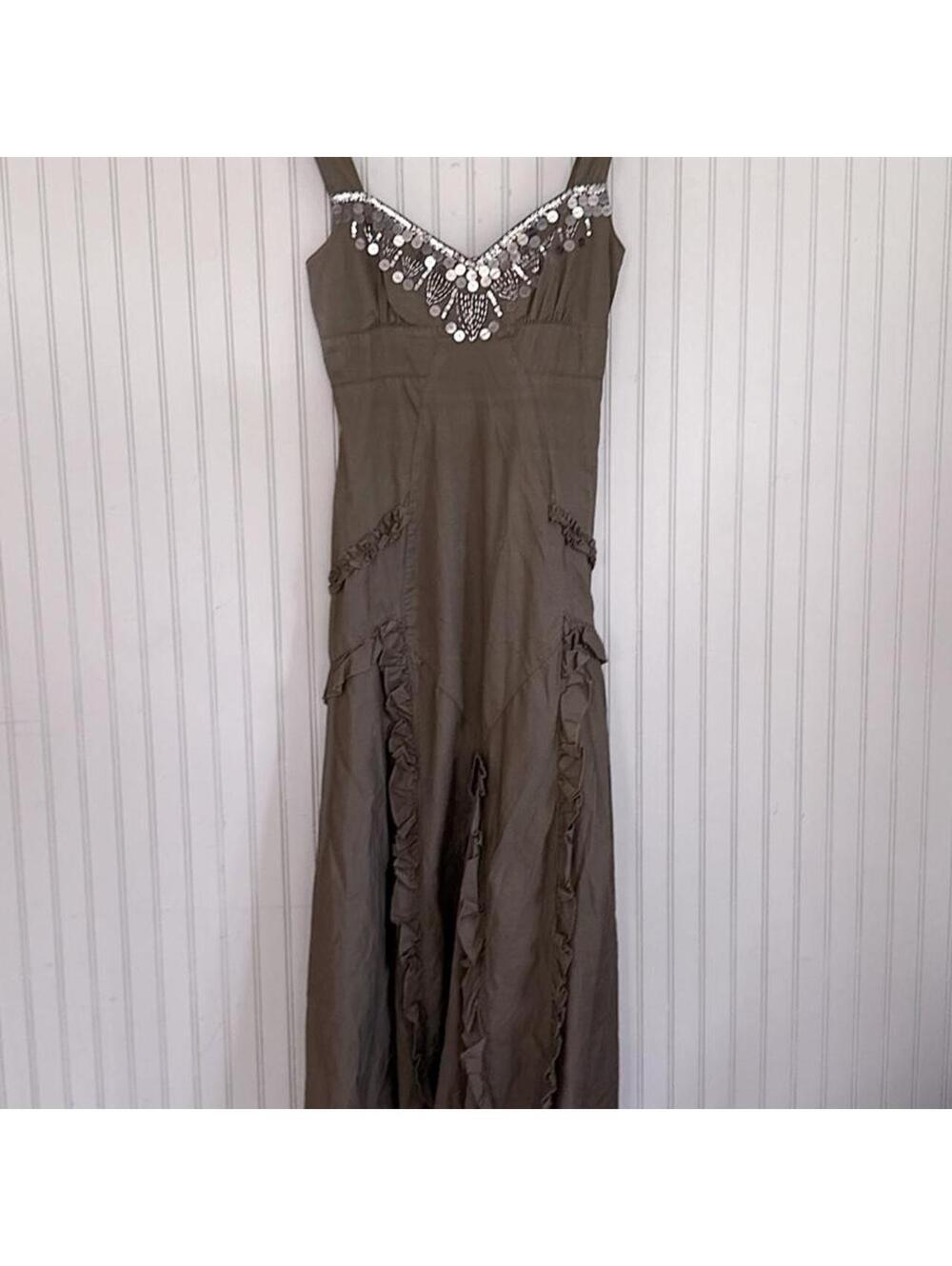 Fairy Olive Embellished Midi Dress Ruffle Handkerchief Hem Together